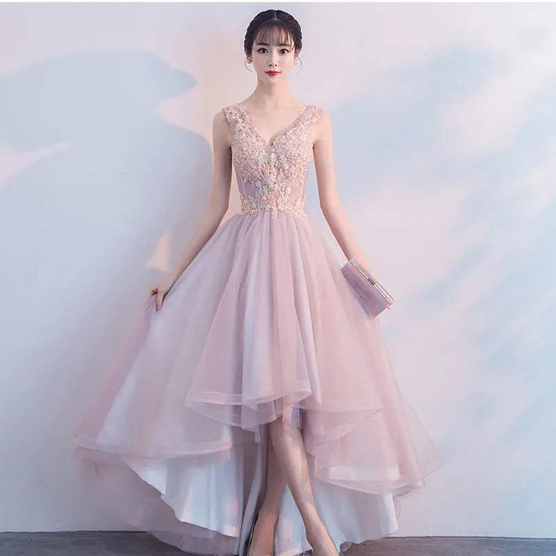 New Flowers Pink Color V-Neck Bridesmaid Dress DongCMY Lace Up Bride Plus Size Tulle For Wedding Party Dress