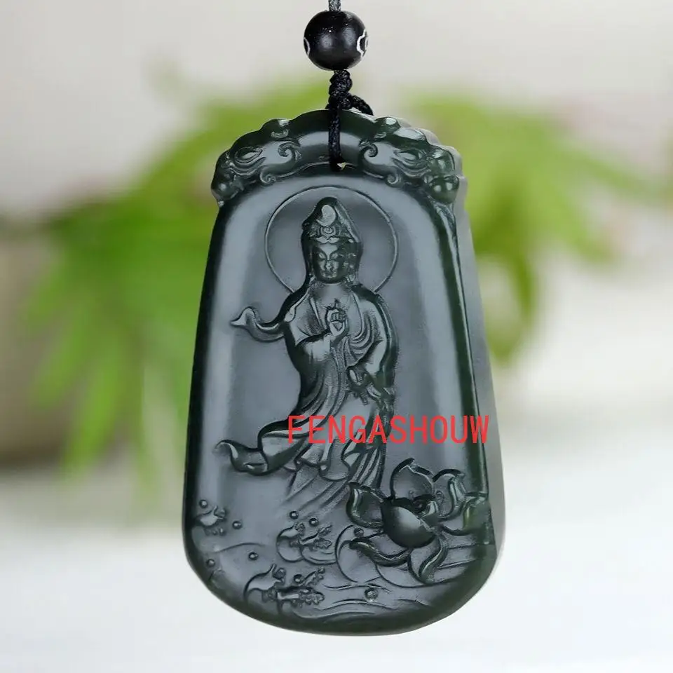 

Hot Selling Natural Cyan Jade Lotus Guanyin Pendant Charm Jewellery Hand-Carved Necklace for Women Men Fashion Accessies