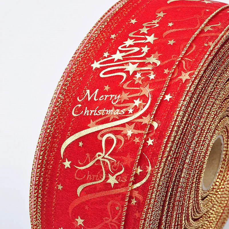 (2 Meters/roll) 6cm Width Red Organza Christmas Hot Stamping Printing Ribbon Gift Packaging  DIY Decorative Ribbons