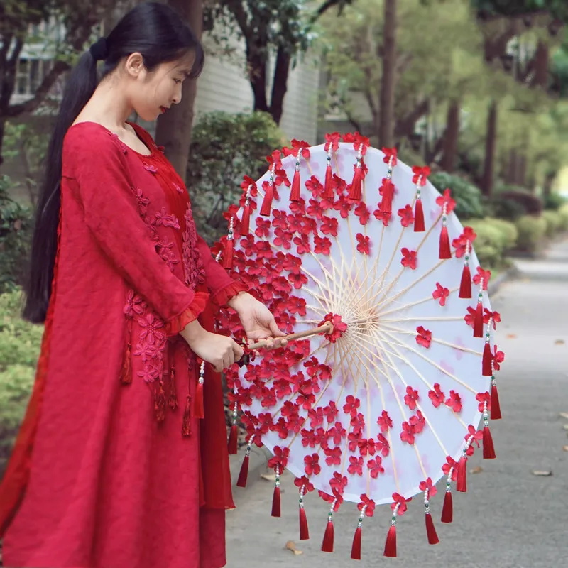 

Ancient Vintage Cosplay Tassel Umbrella Ribbon Bead Petal Hanfu Props Wedding Umbrella Flower Paraplu Paraguas Parasol