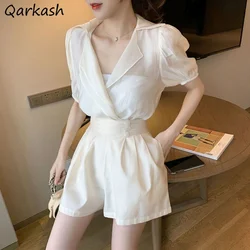 Sets Vrouwen Chiffon Effen Dunne Tender Turn Down Kraag Tops Knop Zachte Gezellige Zomer Vrouwelijke Mooie Meisjes Shorts Tweedelige Kpop