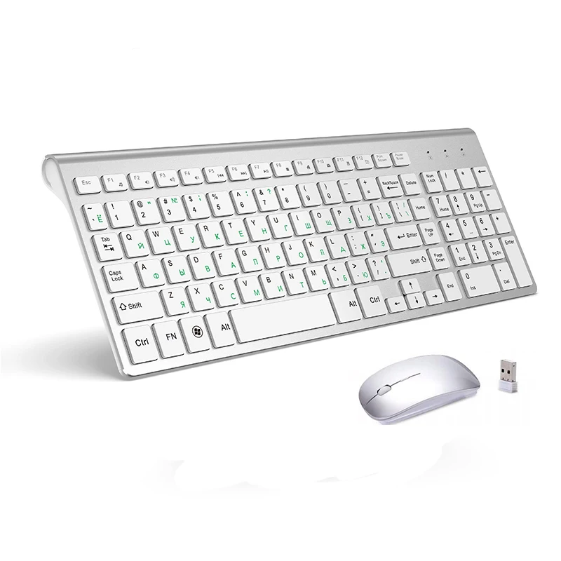 

2.4G Wireless Keyboard and Mouse, Russian Layout U.S. Layout, Compact, Convenient, Ultra Thin, Ergonomic, Silver White