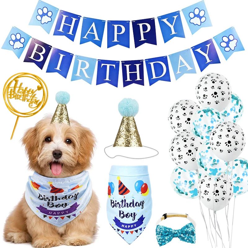 Handmade Dog Birthday Bandana Set Party Pet Pull Flag Triangle Scarf Cake Hat Decoration  for DIY Pet Party Supplies