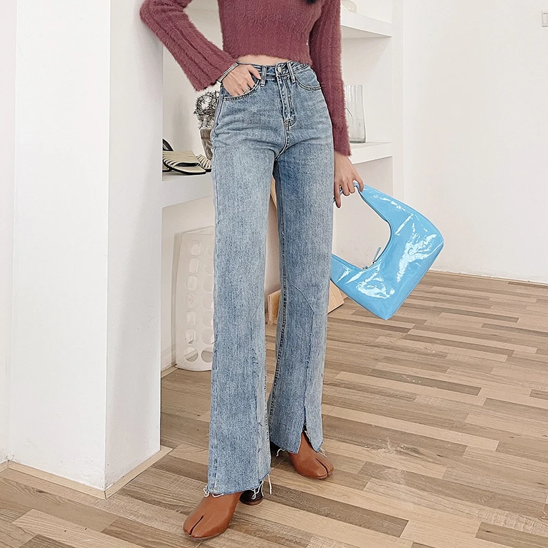 

Ripped Front Split New High Waist Straight Jeans Women Vintage Classic Boyfriend High Street Full Length Denim Pants Trousers