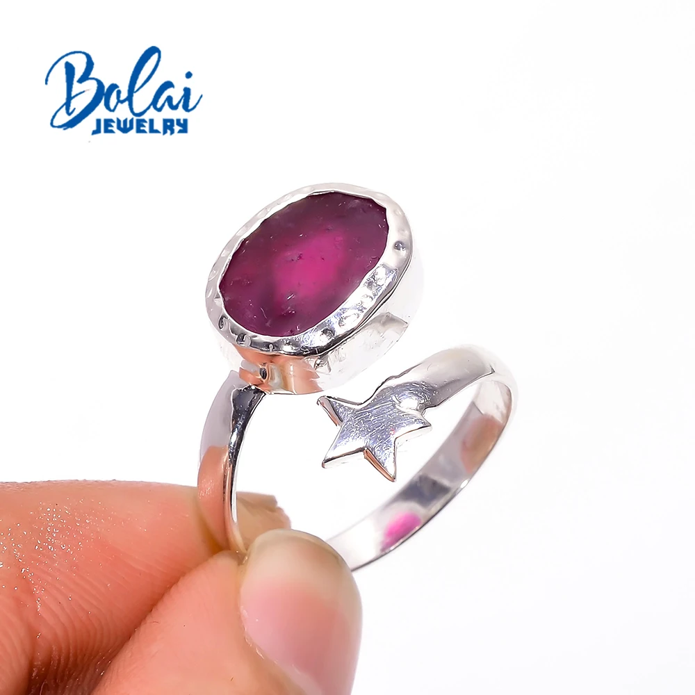 Bolai,2021 new Star design Handmade  real africa ruby aquamarine gemstone Rough Ring 925 sterling silver fine jewelry for women