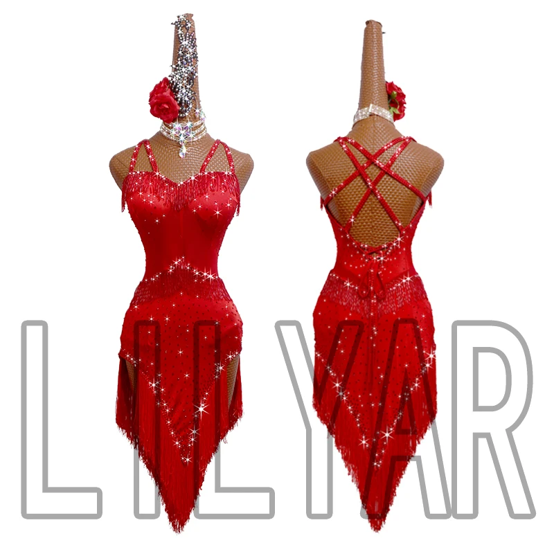 New Latin Dance Dress Competition Dress Performance Dress Adult Custom Children's Red Tassel Sexy Dance Dress