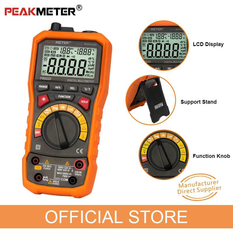 PEAKMETER PM8229 5 in 1 Auto Multimetro Digitale Con Multi-funzione di Lux Livello Sonoro Frequenza di Umidità di Temperatura del Tester del Tester