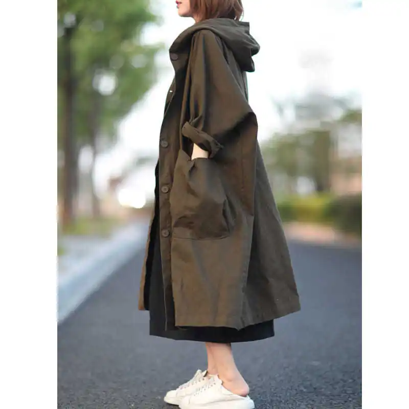 5544 Artsy Women Mid-Length Hooded Trench Coat Casual Simple All-Match Big Pocket Elegant Daily Fashion Urban Green Windbreaker