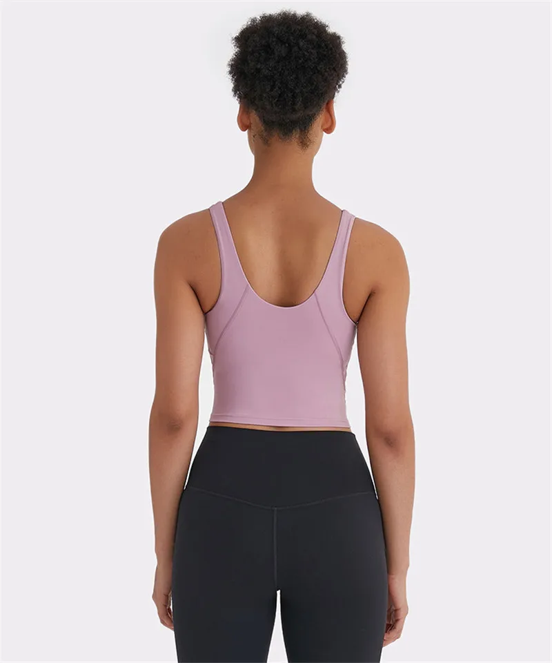 Solid Color Gym Tank Top Sexy Tight Yoga Vest Nude Skin-friendly Fitness Women Sports Bra Soft With Chest Pad Moisture Wicking