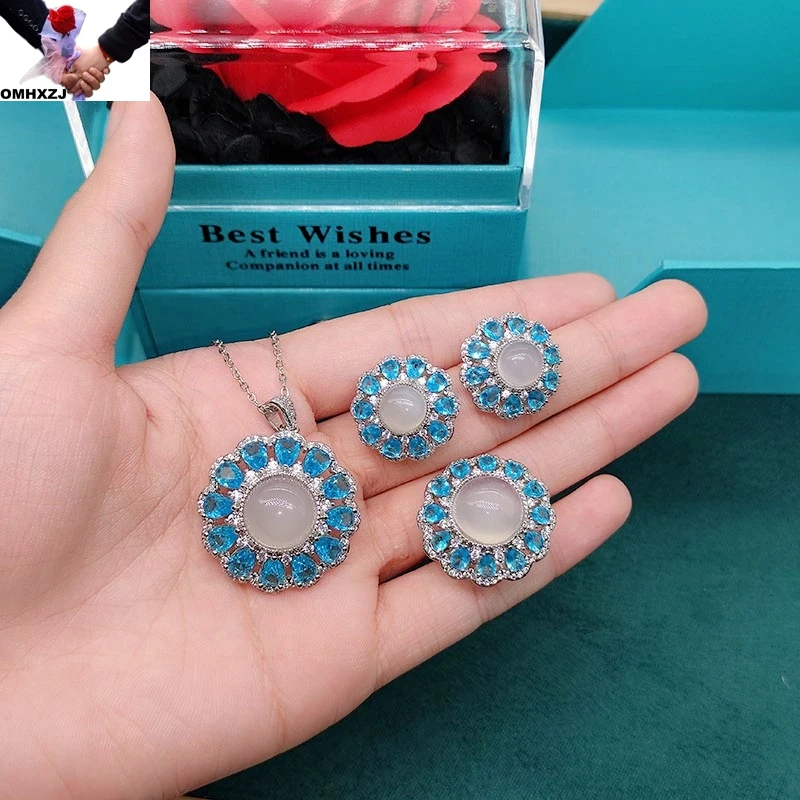 

OMHXZJ EA966 Medium quality ice white chalcedony blue zircon ring earrings pendant necklace set women 12mm