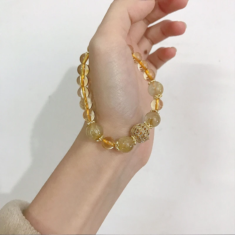 Ruifan Natural Rutilated Quartz Citrine Crystal Beads Handmade Stretch Bracelet for Women Fine Jewelry Accessories Gift YBR249