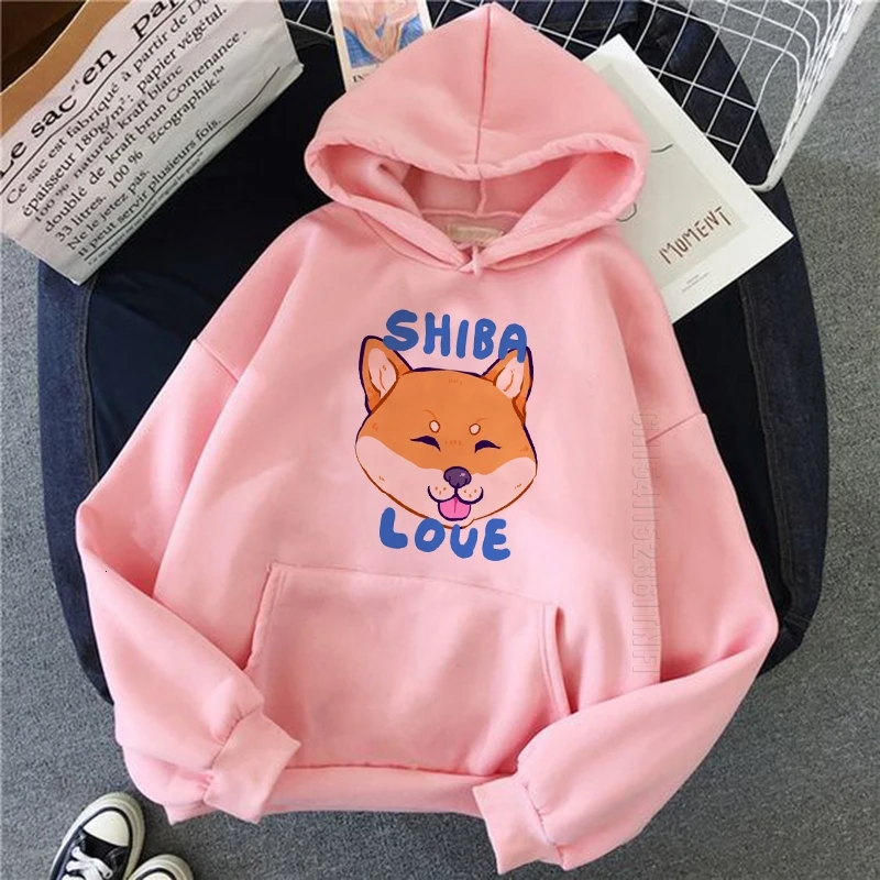 Kawaii Hoodie Clothes Men Harajuku Funny Shiba Inu Ullzang Cute Pink Graphic Autumn Streetwear Super Warm Female