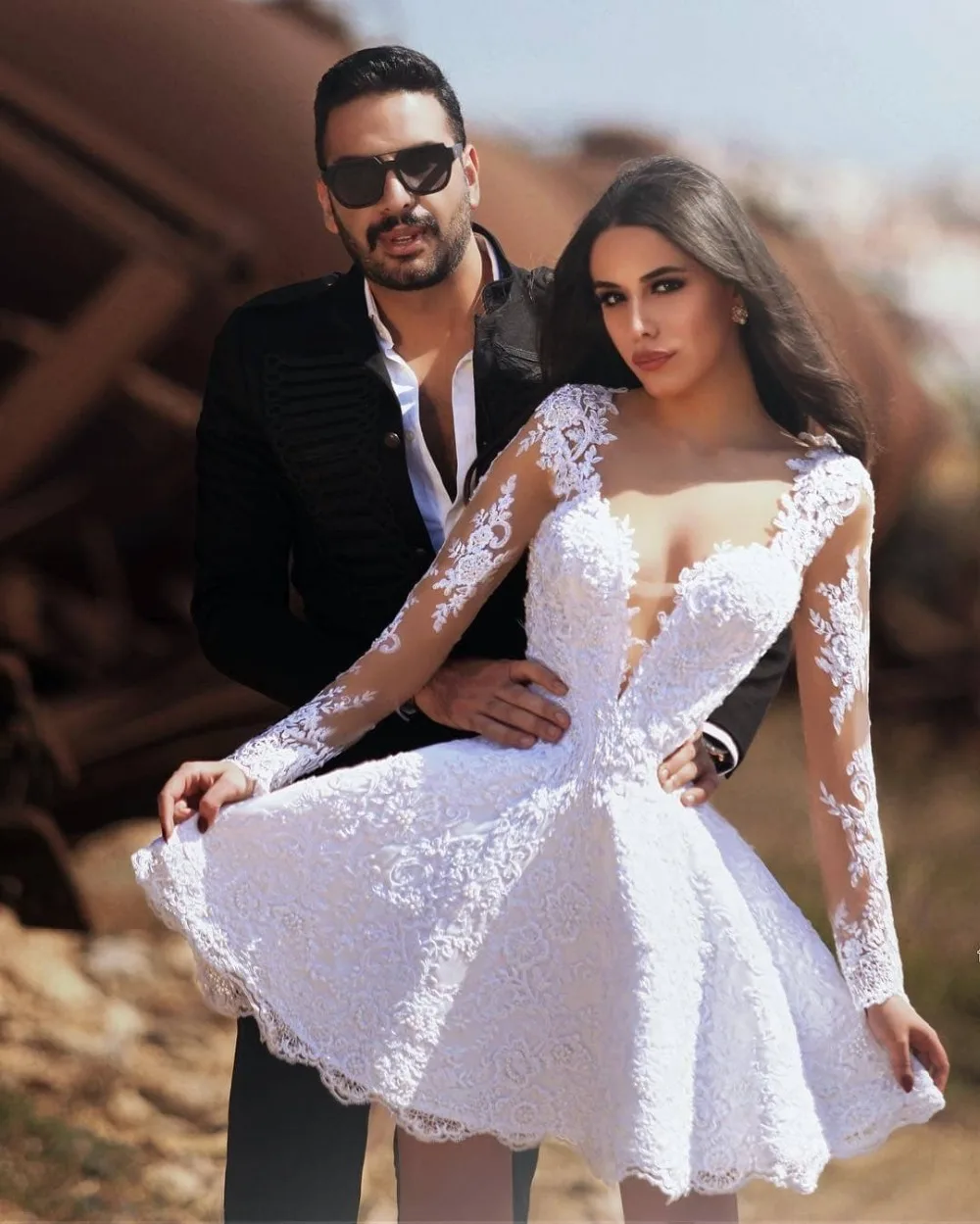 Vestido De Novia Corto De encaje De manga larga, Vestido De Novia blanco con cuello transparente, talla grande, 2023