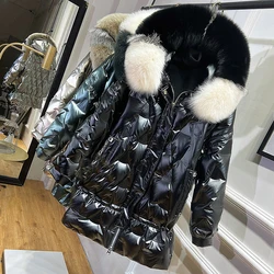 Abrigos largos brillantes de invierno para mujer, Parka de plumón de pato blanco cálido de gran tamaño, chaquetas con capucha con cuello de piel grande para mujer 2023