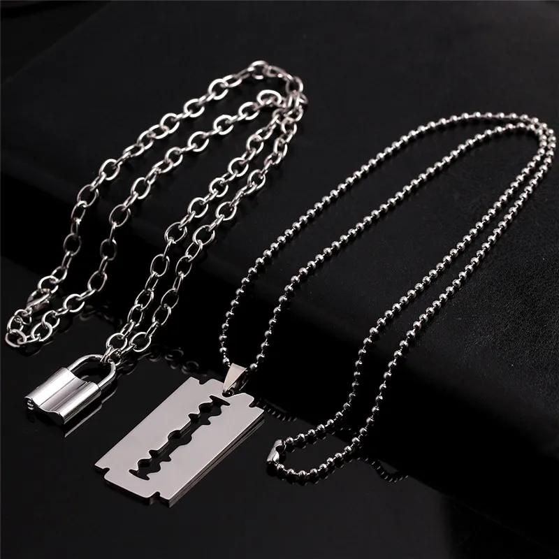Double Layer Lock Pendant Necklace Hollow Out Large Razor Blade Necklaces Fashion Women Jewelry Accessories Gothic Gifts image 4