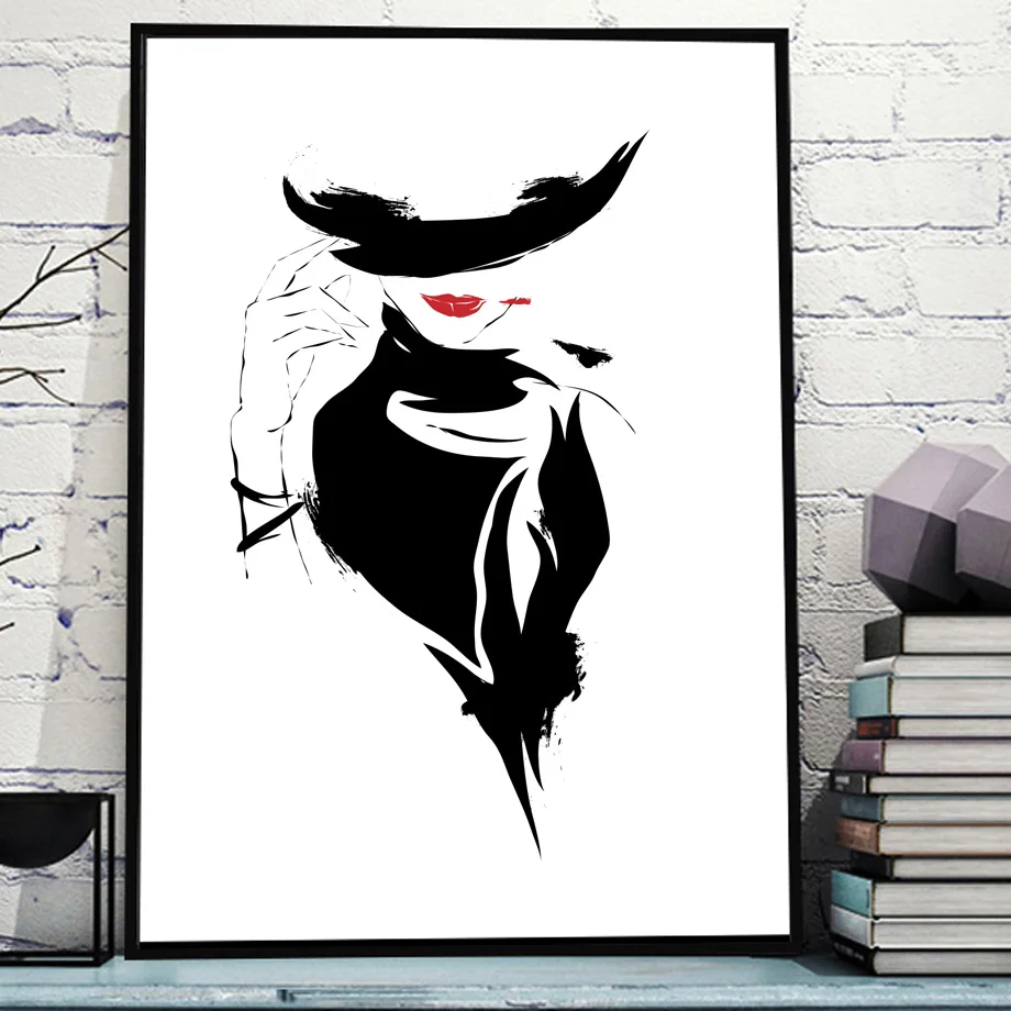 Fashion Hat Girl Red Lipstick Wall Art Canvas Painting Multicolor Nordic Posters And Prints Wall Pictures For Living Room Decor