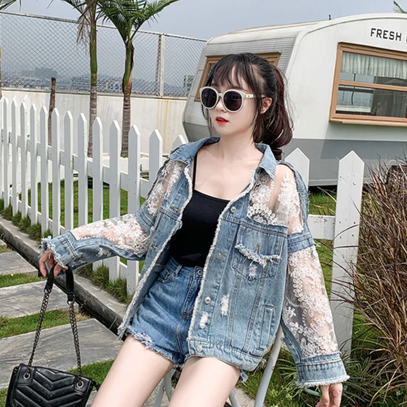 Autumn Fashion Streetwear Lace Patchwork Denim Jacket Women Embroidery 2024 Summer Patchwork Loose Jean Sunscreen Coat Female