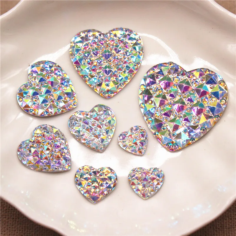 10mm-30mm żywica serce błyszczący kryształ AB Rhinestone Flatback Cabochon kamień DIY rzemiosło dekoracyjne do domu akcesoria do scrapbookingu