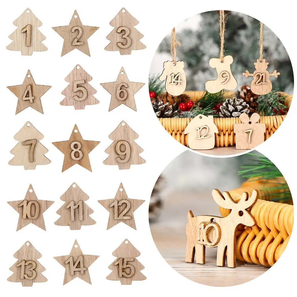 Merry Christmas Xmas Gift Bags Decor Ornament Wooden Pendant Number Label Countdown Hanging Tags Christmas Advent Calendar