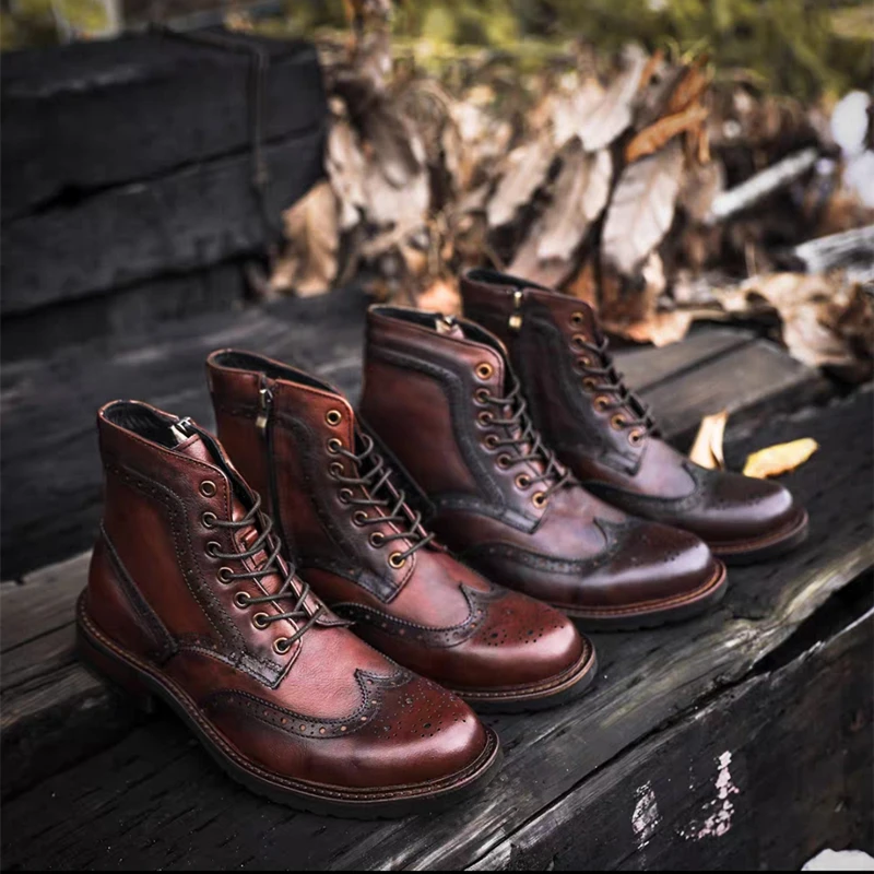 Yomior Top Vintage Old Handmade Men Brogue Boots Tooling Cow Leather Shoes British Zipper Ankle Boots Desert Motorcycle Boots