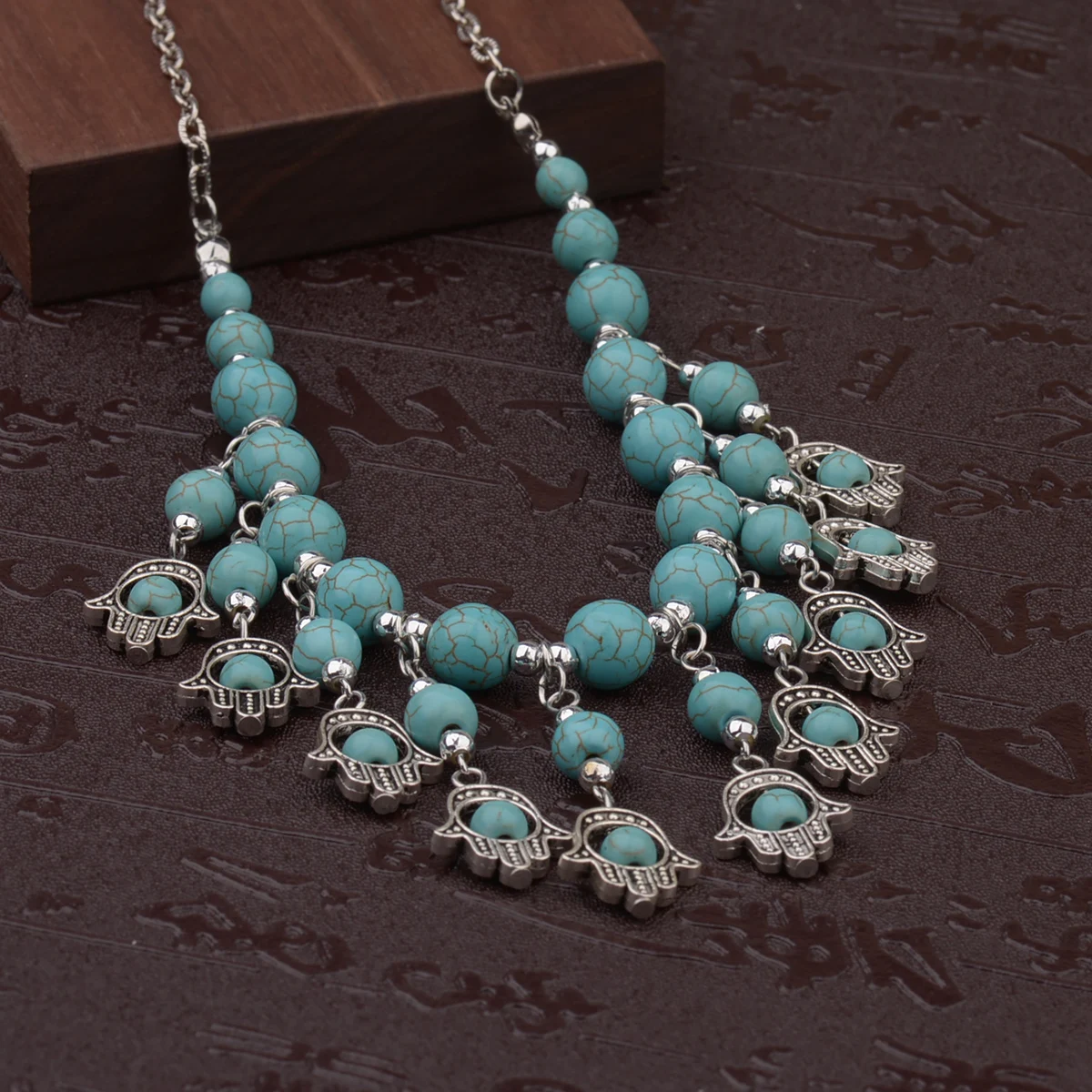 Ethnic Hand Alloy Pendants Palm Necklace Collier Femme Women\'s Vintage Turquoises Statement Jewelry Gifts 2021