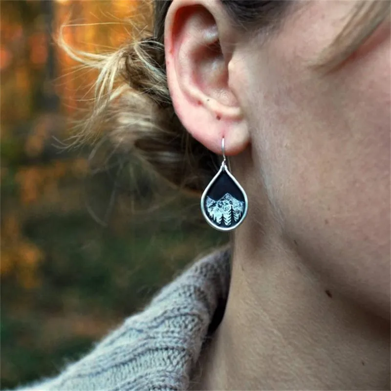 Vintage Mountain Peak Dangle Earring Silver Color Water Drop Earrings for Women Female Boho Fashion Party Statement Jewelry Gift