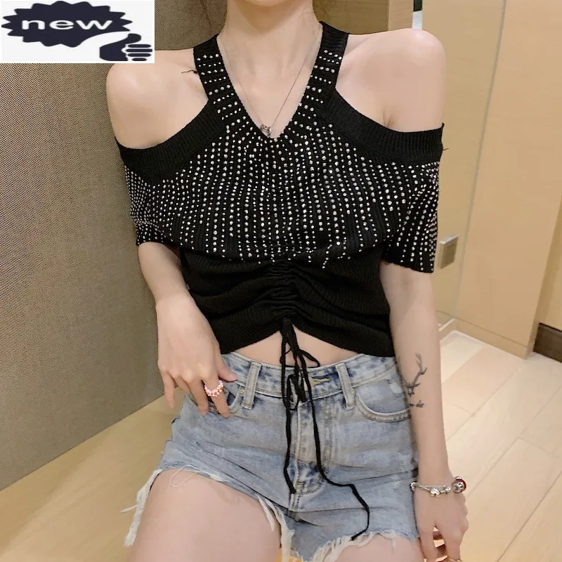 

New Slim Fit Diamonds V-Neck Short Sleeve Fashion T-Shirt Womens Summer Sexy Open Shoulder Black Crop Tops Remeras Mujer