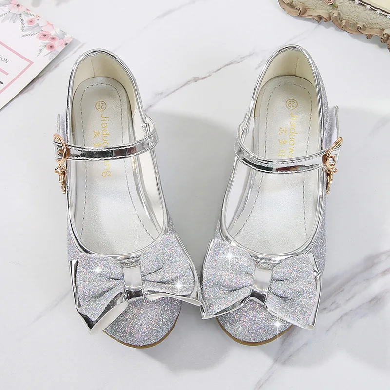 Girls Princess Shoes Butterfly Knot High-Heel Shiny Crystal Shoes Kids Leather Shoes Children\'s Single Shoes Birthday Present