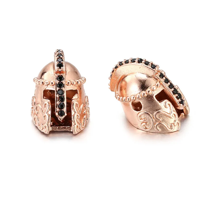 Spartan Knight Helmet Charms Copper Pave Black Cubic Zirconia Beads Pendant for DIY Craft Men Women Bracelet Jewelry Making
