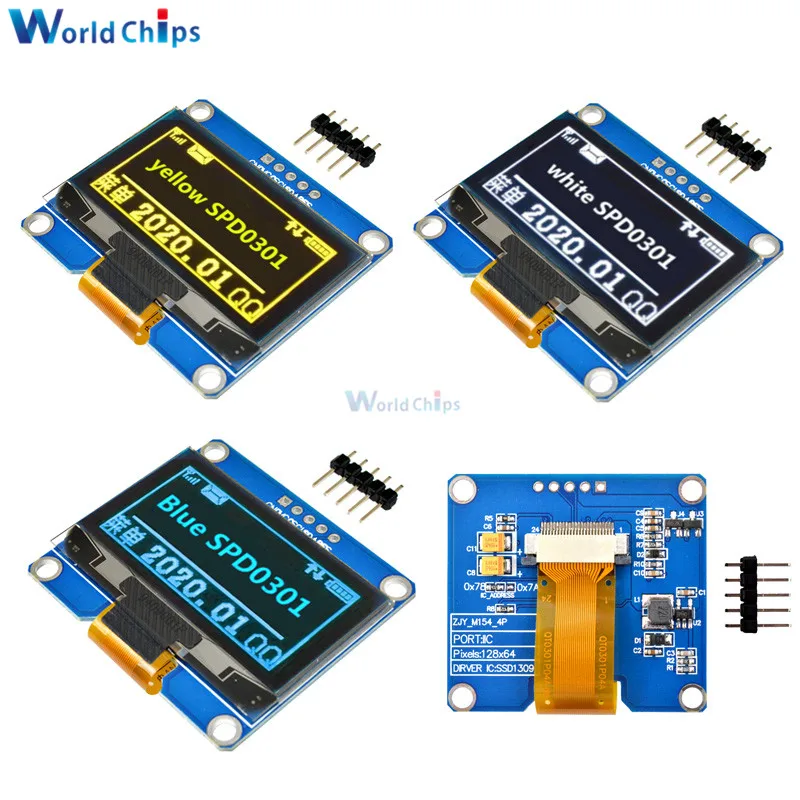 IPS 1.54 inch 5Pin 128x64 OLED Screen Display Module SPI Interface SPD0301 Driver IC Adapter Board White Blue Yellow for arduino