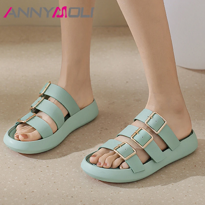 

ANNYMOLI Slippers Shoes Women Real Leather Sandals Buckle Flat Slides Round Toe Cow Leather Ladies Footwear Summer Black White