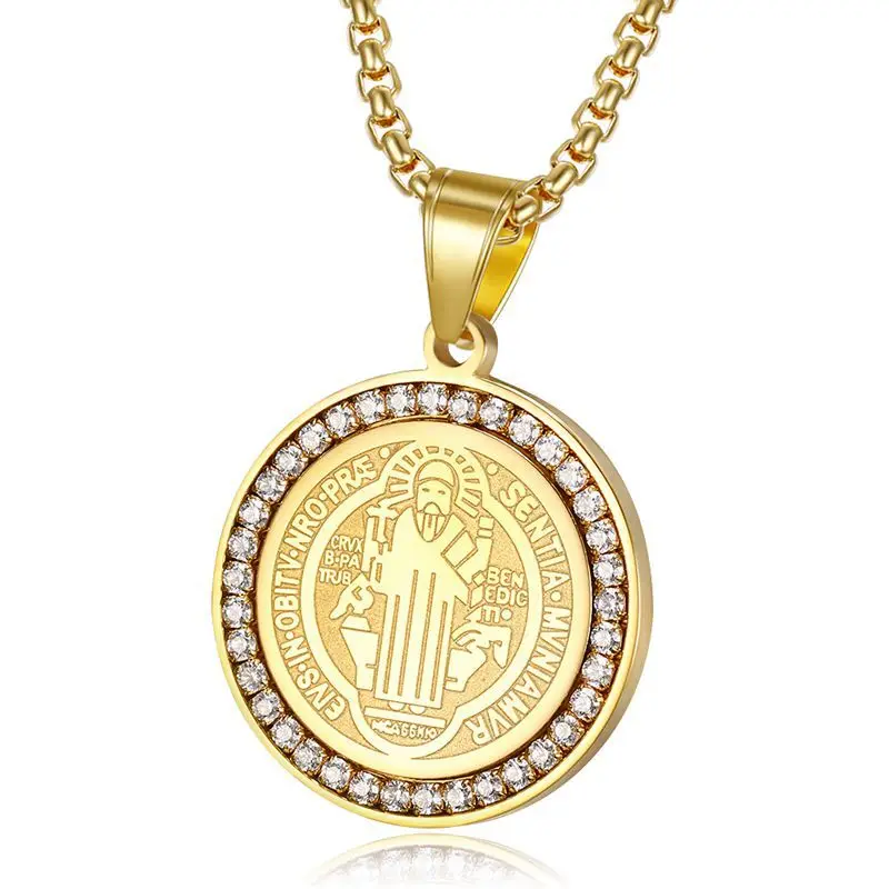 Catholic Patron Saint St Benedict of Nursia Holy Medal Round Pendant Necklace Gold Color Stainless Steel Jewelry Women Men