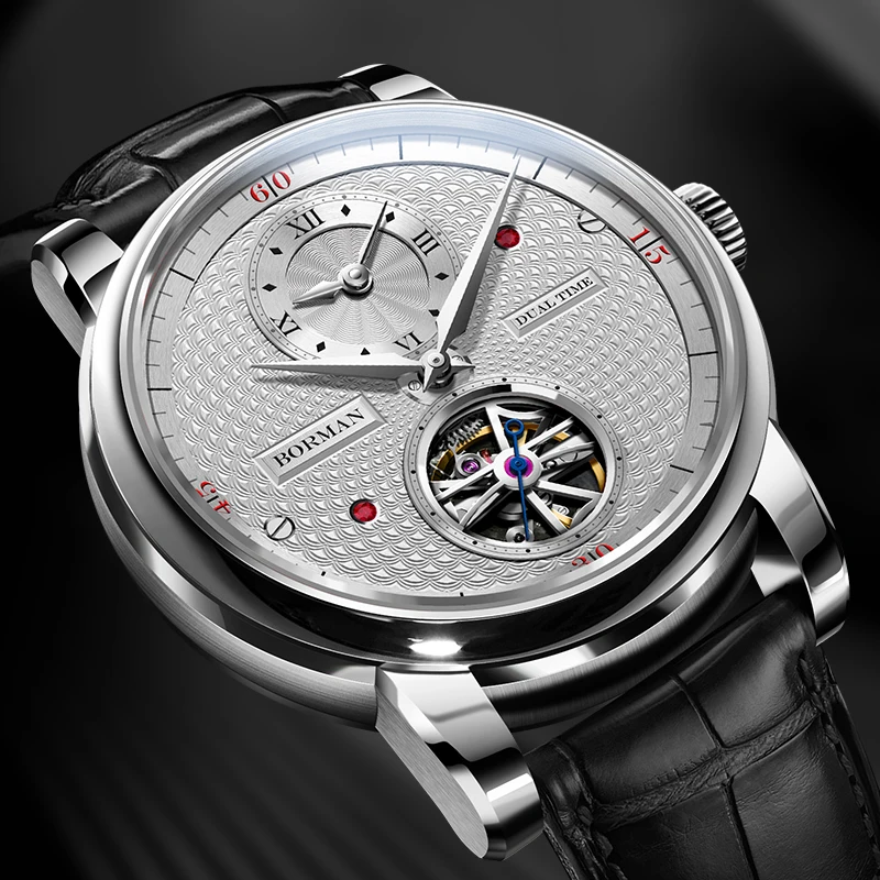 BORMAN automatic men watch luxury brand mechanical self wind wrist watches leather band dress relogio masculino dual time zone