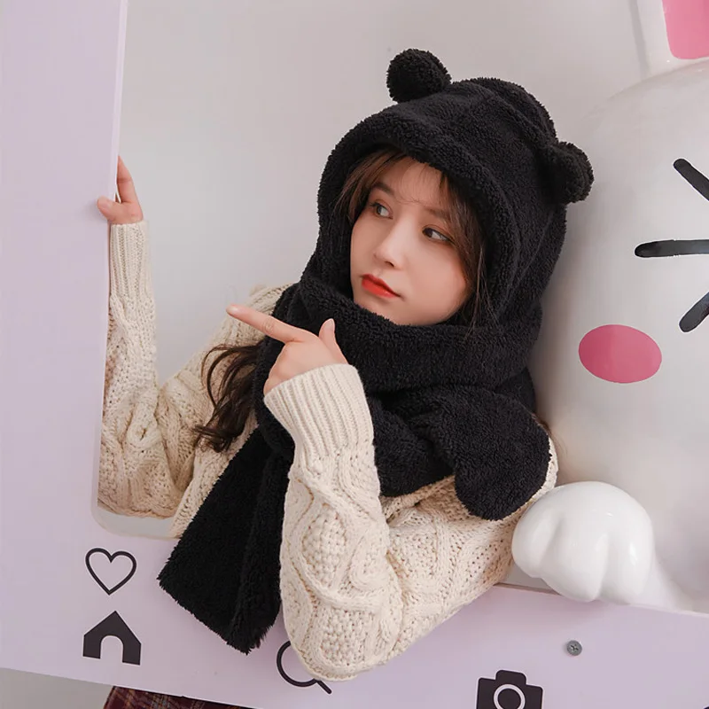 Winter Hat Women Thick Hat Scarf One Two-Piece Korean Version Parent-Child Warm Thickening Scarf Students Black White Pink