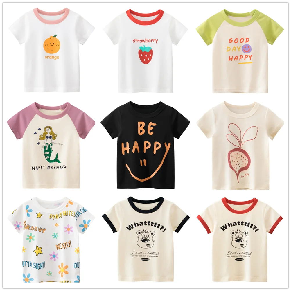 1 2 3 4 5 6 7 8 9 Years Baby Girls T-Shirts Clothes 100% Cotton Short Sleeve Bus Fruit Cartoon Kids Bottom Shirt Clothing