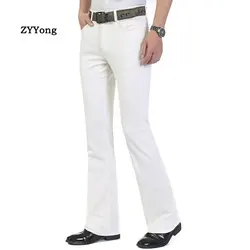 Free Shipping Business Casual Men's Jeans Trousers Mid Waist Elastic Slim White Boot Cut Semi-Flared Bell Bottom Denim Pants