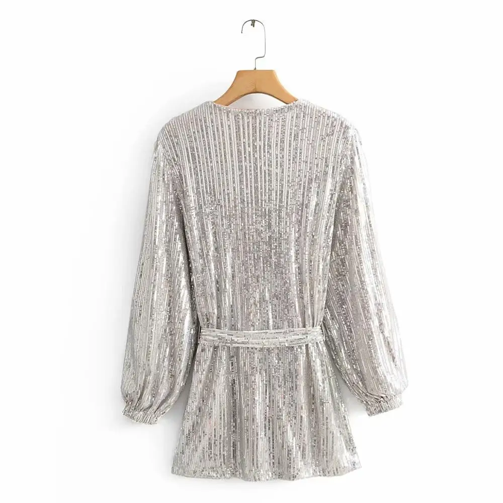 BE HYGGE Shining Sequined Prose Silver Wrap Dress Women Sexy Club Evening Party Wear Dress Long Sleeve Female Short Dresses