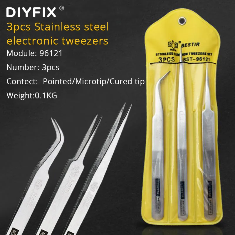 DIYFIX Anti-static Stainless Steel Tweezers Kit Eyelash For Mobile Phone Electronic Components Copper Wire Picking Repair Tool