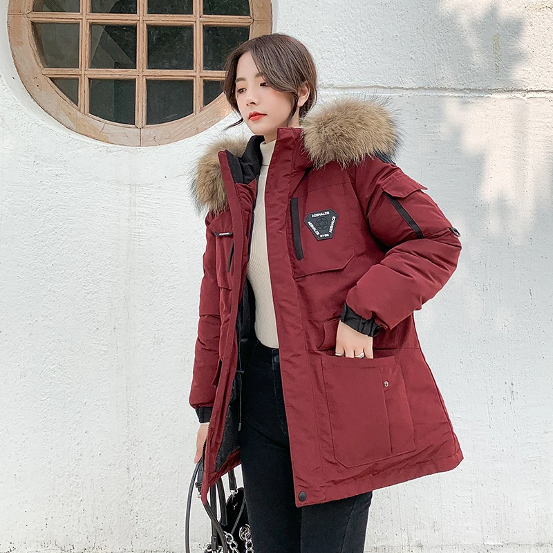 

Korean Style Women Long Parkas Winter Hooded Jacket Thick Pattern With Fur Collar Cotton Coat Femme Ropa De Mujer