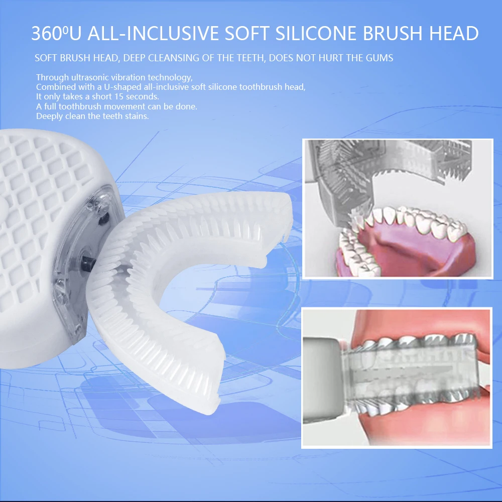New 360 Degrees Intelligent Automatic Sonic Electric Toothbrush USB Rechargeable Ultrasonic U Shape 4 Modes Timer Blue Light