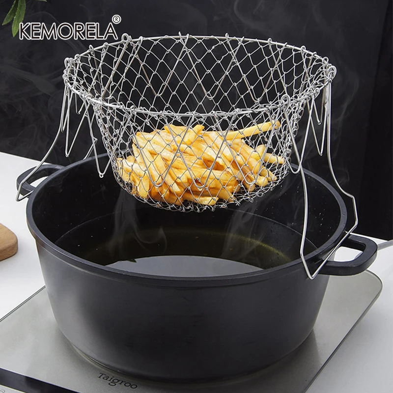 Foldable Steam Rinse Strain Stainless Steel Folding Frying Basket Colander Sieve Mesh Strainer Kitchen Cooking Tools Accessories