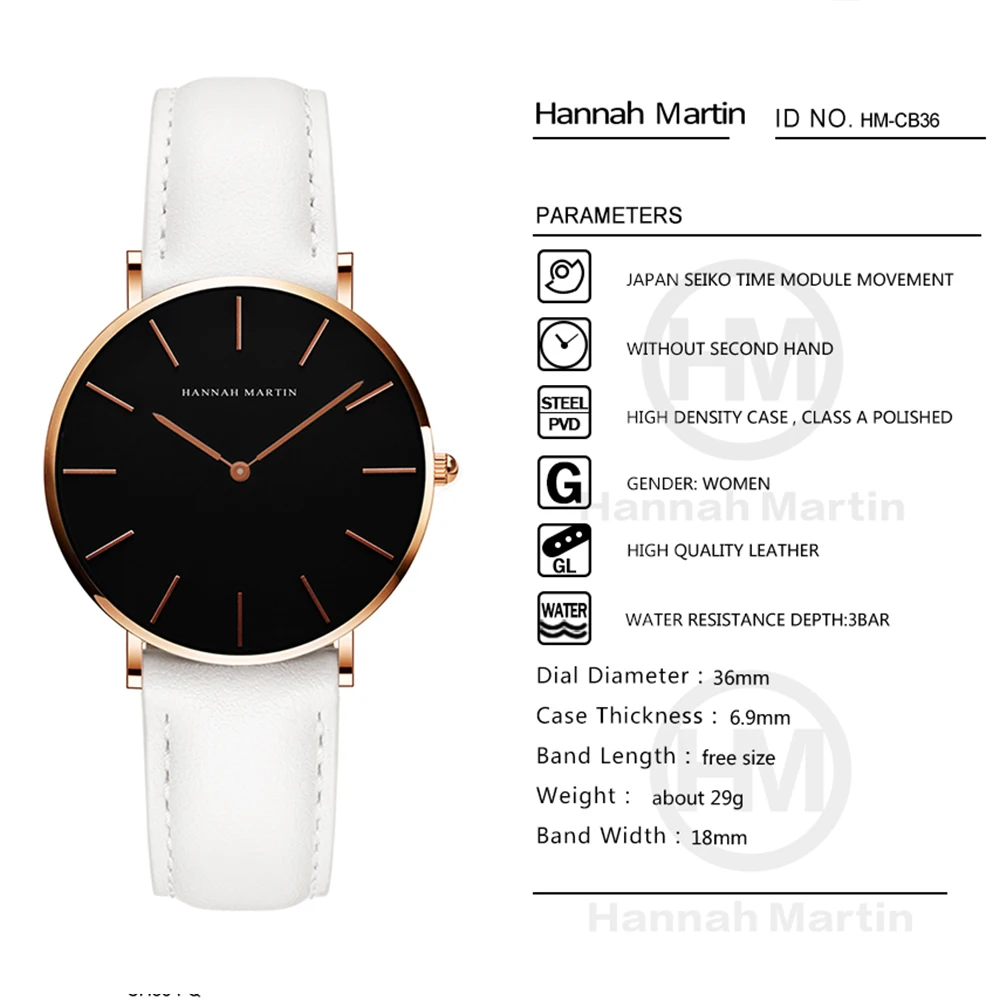 Hannah Martin Luxury Brand Japan Quartz Movement Women\'s Watch Leather Strap Ladies Fashion Watch Women Clock Relogio Feminino