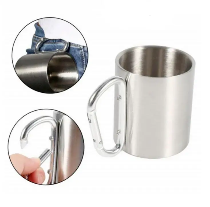 220ml Stainless Steel Mug with Foldable Self-lock Carabiner Handle Folding Handle Cup For Outdoor Camping Hiking   SN233