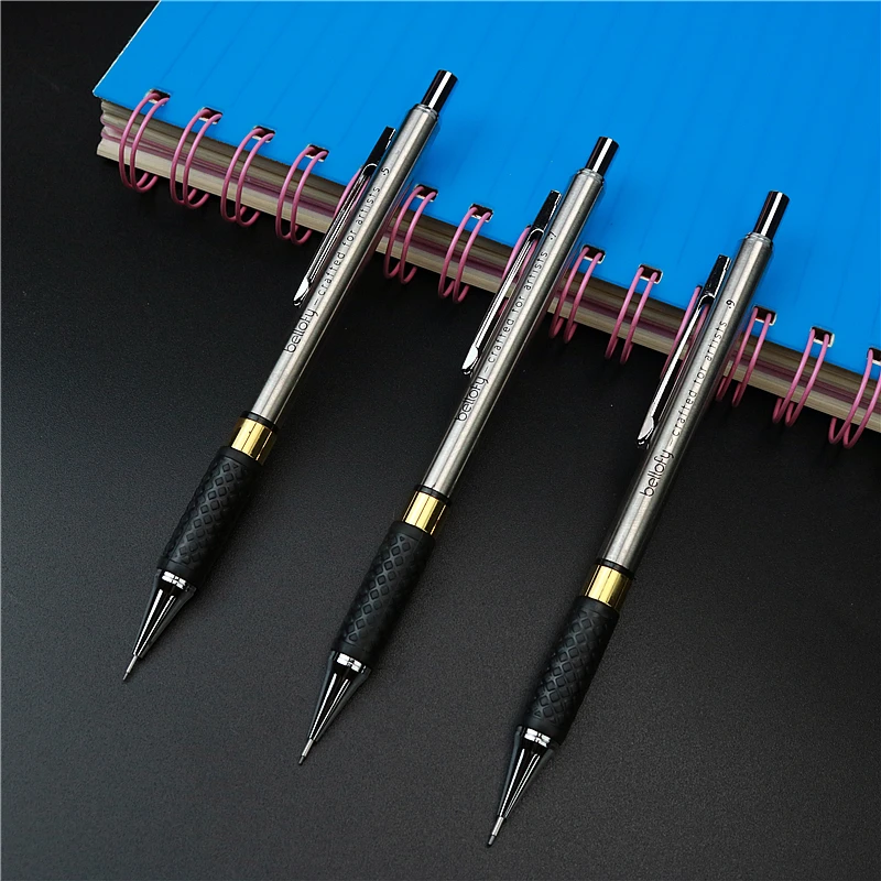 Rubber non-slip metal mechanical pencil Stainless steel penholder 0.5mm 0.7mm 0.9mm 2B black Pencil lead