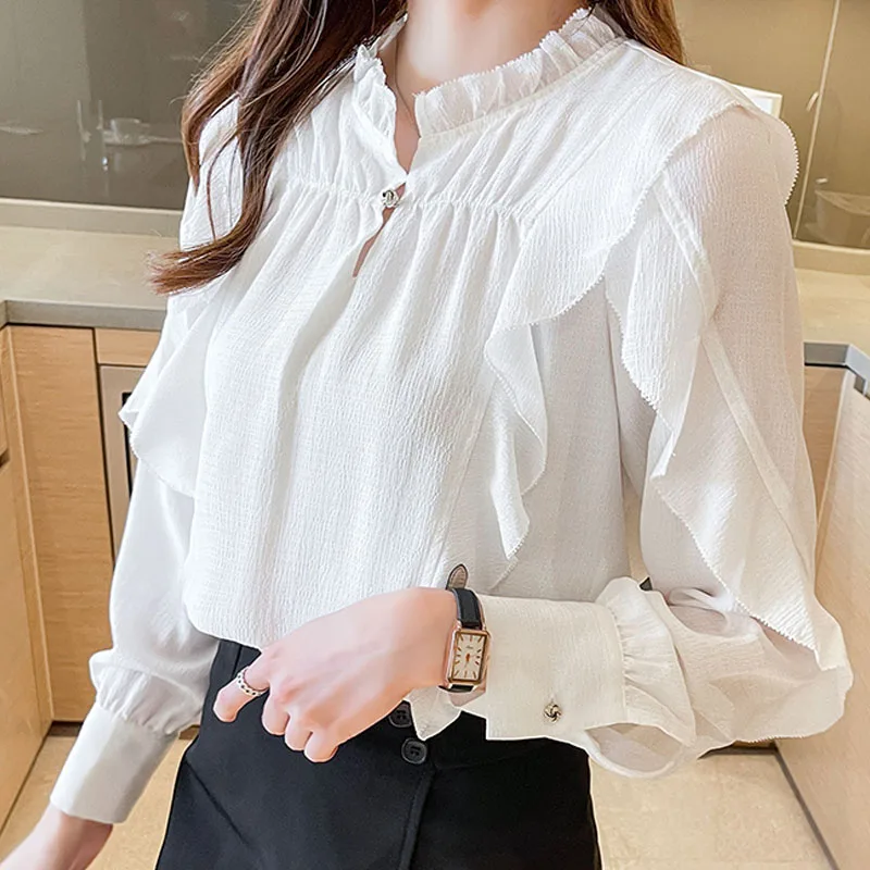 2021 Shirt for Women Blouse Ruffles Elegant Chiffon Blusas Mujer Tops White Long Sleeve Solid Clothing Female Dropshipping 1402