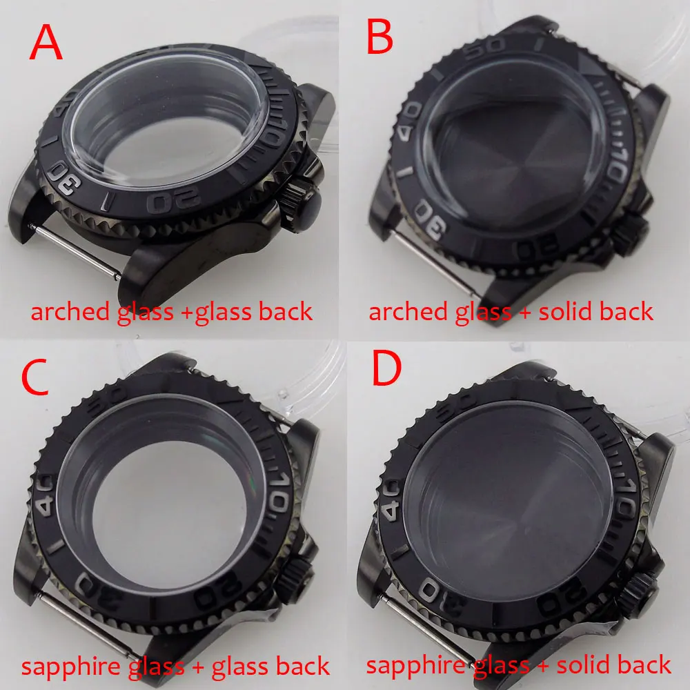 fit NH35A NH36A Black PVD Plated 40mm Watch Case Arched Domed Glass Screwdown Crown See-though/Solid Brushed YM Insert