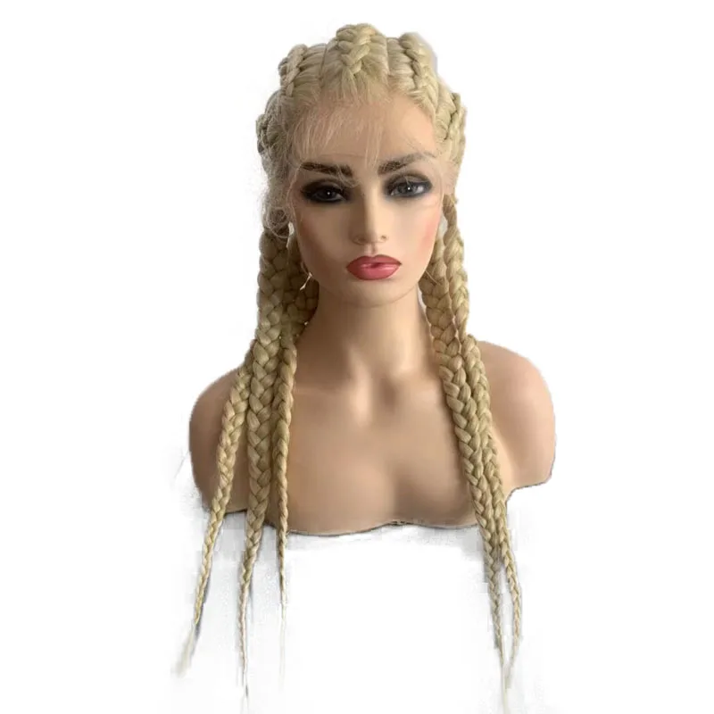 Handmade Box Braided Synthetic Lace Front Wig with Baby Hair 1B# Black Long Big Braiding 5 Braids Wig for Women Lace Wigs