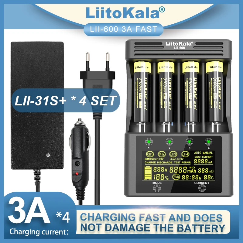 

LiitoKala Lii-600 LCD Battery Charger For Li-ion 3.7V NiMH 1.2V Suitable 18650 26650 21700 18500 AA AAA Lii-51S Lii-31S Lii-35S