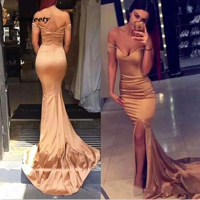 

Rose Gold Prom Dress Sexy Side Split Mermaid Long Satin Evening Dress Formal Gala Celebrity Dress vestido de festa longo