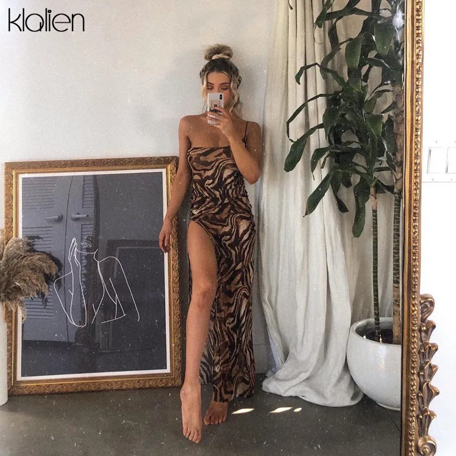 KLALIEN women summer fashion sexy off shoulder strap maxi dress patchwork vacation beach party slim split long dress 2020 new